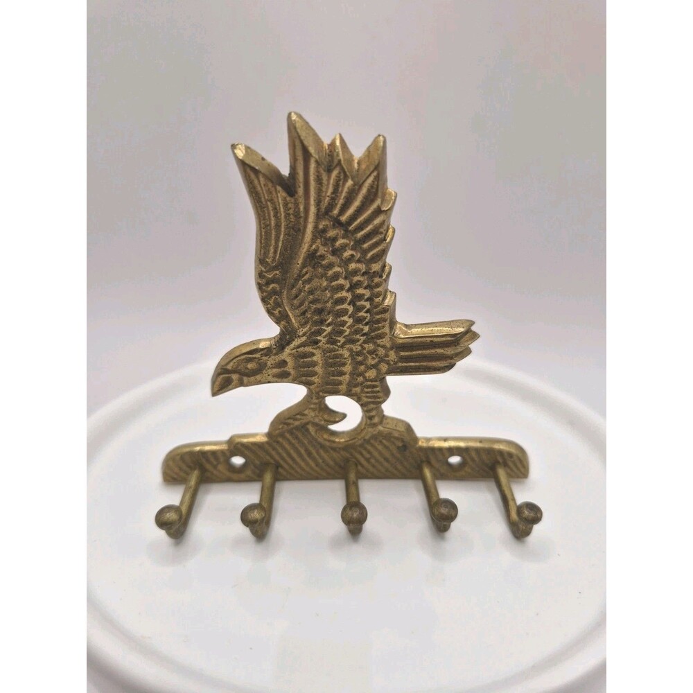 Vintage Solid Brass EAGLE KEY HOLDER-5 Hooks Made In India Wall Mount Wood Mount